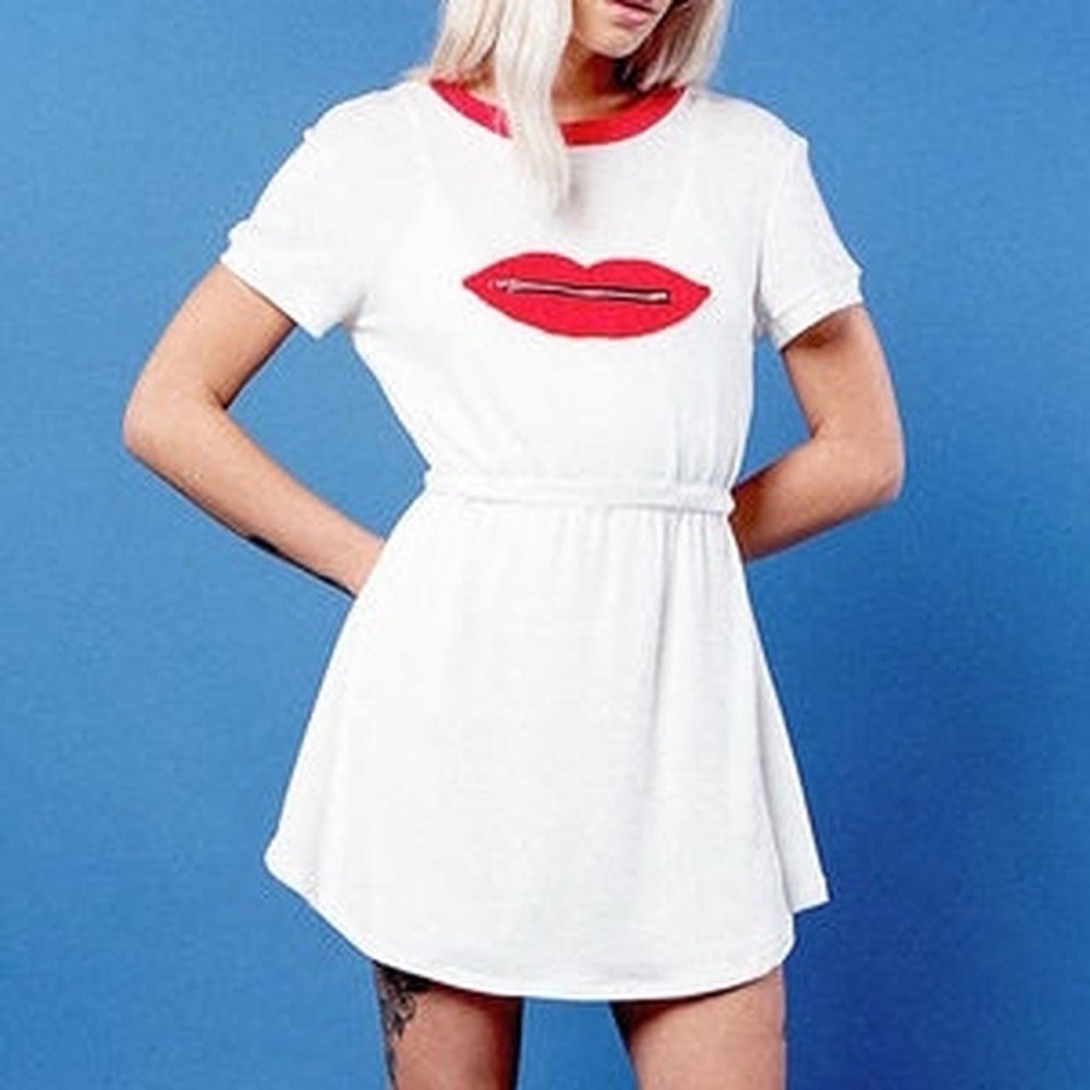 Valfre babydoll dress with zippered red lips, size small